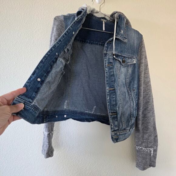 Free People Denim Sweater Jacket Colorblock Women Size M Blue Gray Raw Edge - Picture 5 of 13